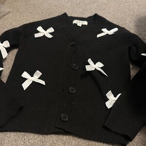 Nik & Leksi Chic Black Cardigan with White Bow Accents 7/8 NWOT